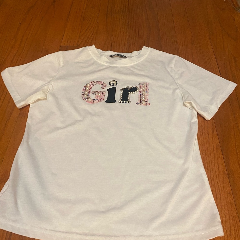 Girl tee with pearls worn once